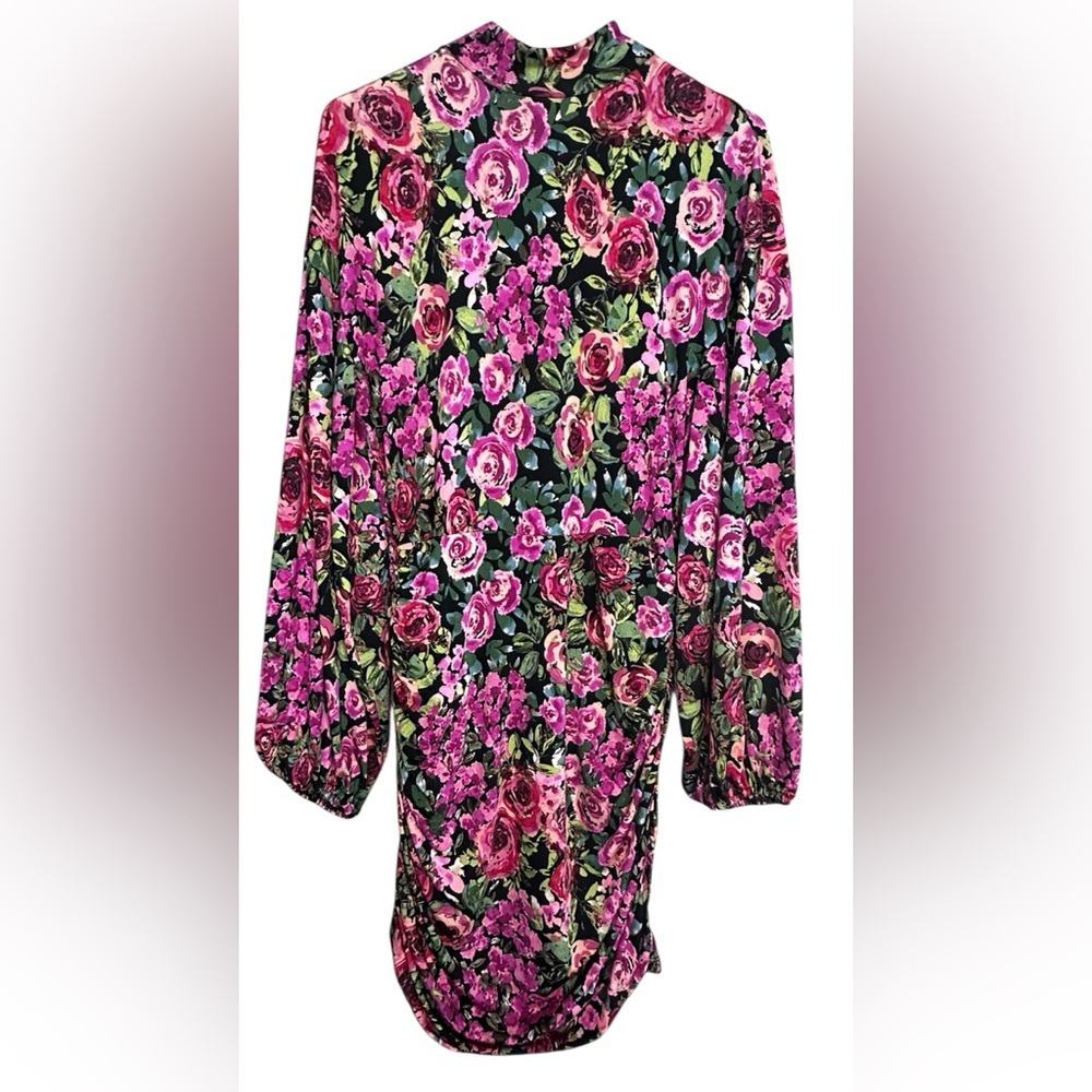 AQUA Floral Ruched Mini Dress Black Pink Roses Long Sleeve Mock Neck XLarge